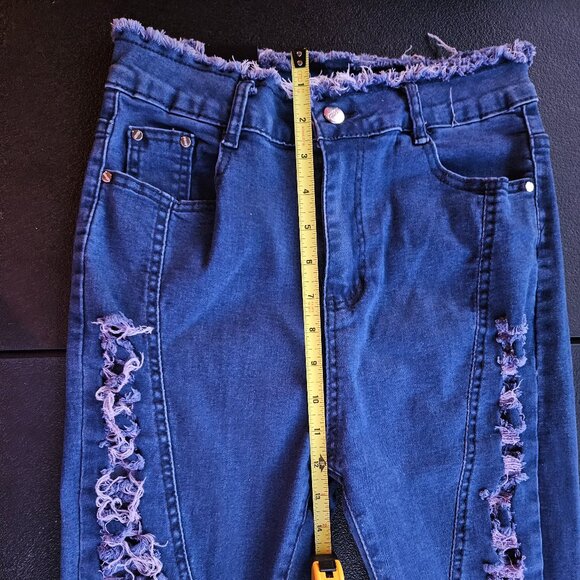 Just Q Aroma Design Women's Blue Destressed Fringe Waist Skinny Jeans Size L - Picture 9 of 16